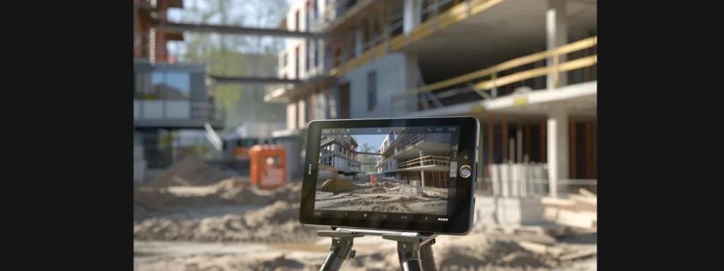 A Comprehensive Guide to Home Construction Loan Types for New Builds 3 a construction site with a modern, sleek design featuring various types of home loans displayed on a digital tablet.