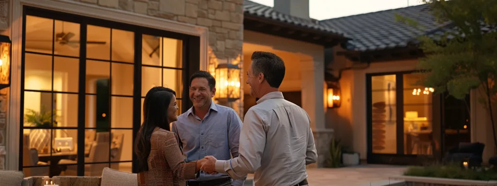Selecting the Perfect Home Builder for Your Dream Residence 18 a couple smiling and shaking hands with a reputable home builder in front of a beautiful custom-designed model home.