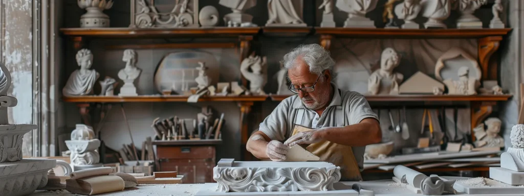 a master craftsman intricately carving intricate designs into a solid block of marble, surrounded by shelves of premium materials and tools in a spacious workshop.