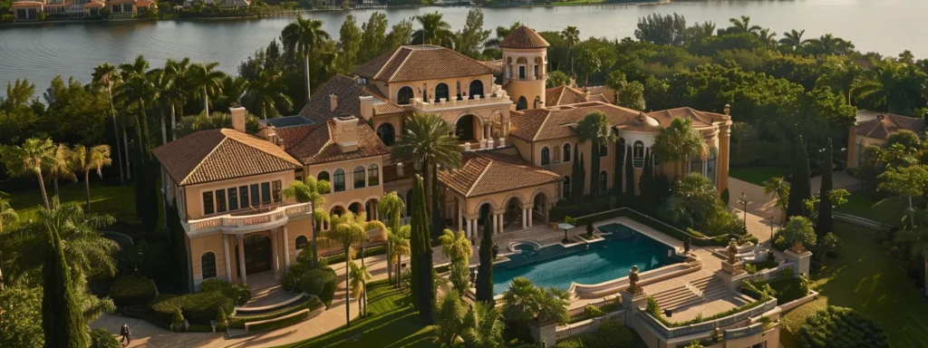a sprawling mansion nestled on a serene waterfront estate exuding opulence and exclusivity.