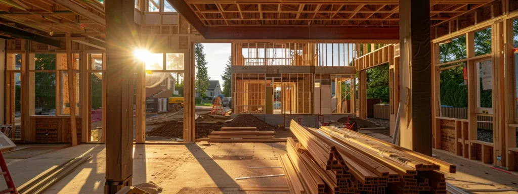 Find Your Dream Home: A Guide to Custom-Built Homes with Spacious Lots by DeGroot Custom Homes 5 a stunning, modern custom home under construction, surrounded by an array of building materials.